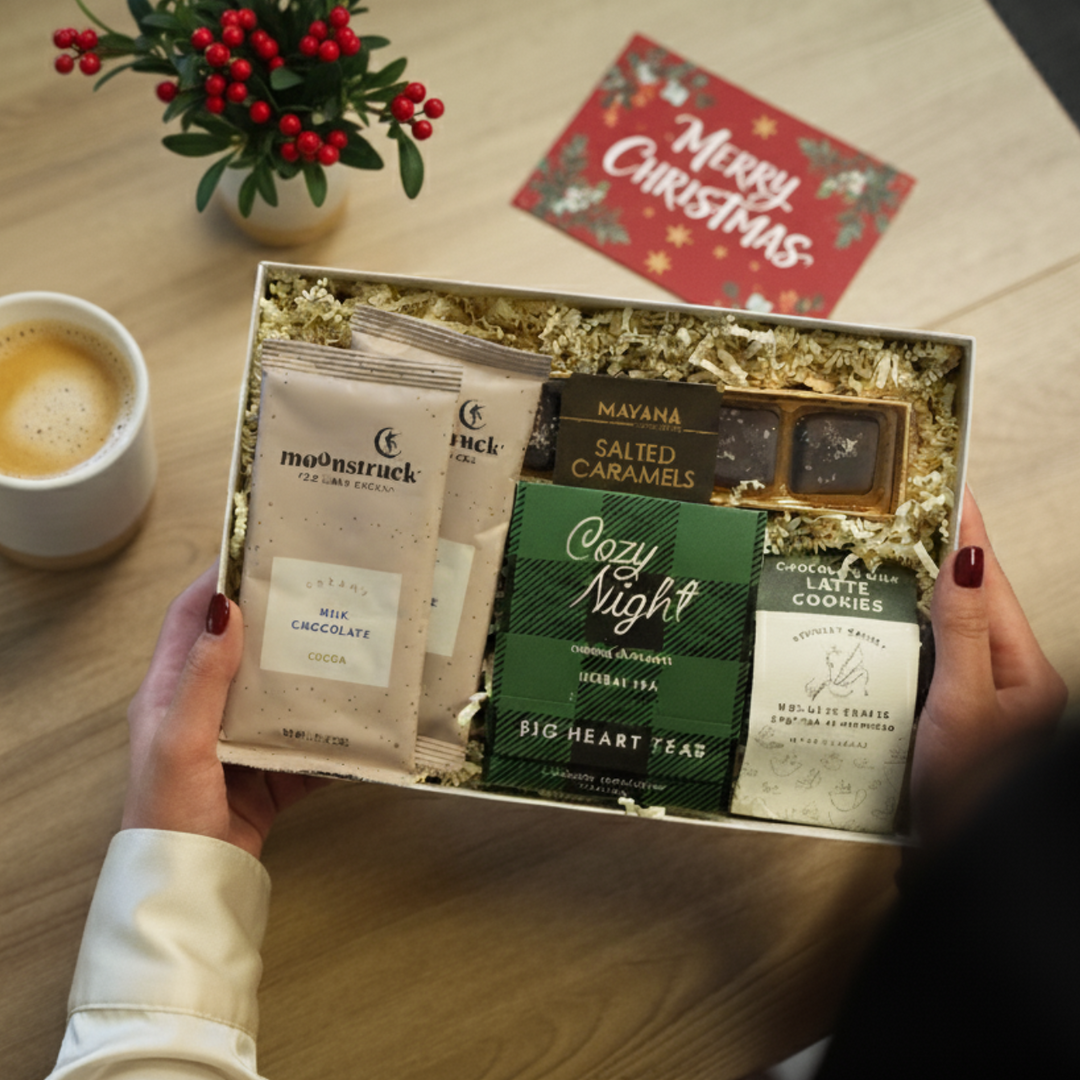 Gift box with tea bags and chocolate bars on a table with a cup of coffee and Christmas decorations.