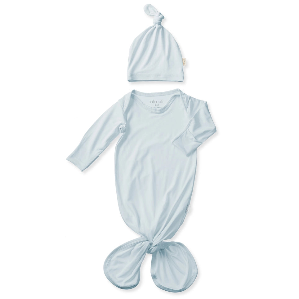 Bamboo Knotted Baby Gown & Beanie - Blue