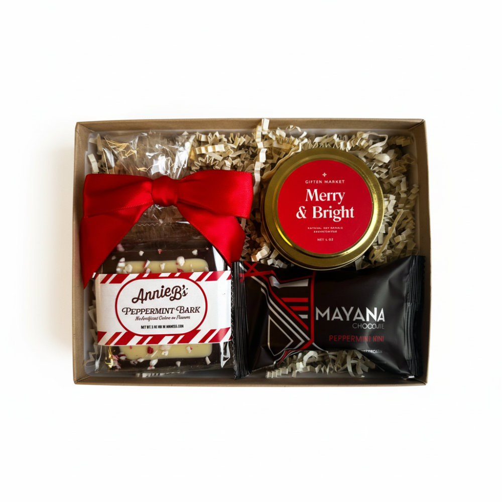 Peppermint Mini Gift Box with peppermint bark, artisan chocolate, and Merry & Bright candle.