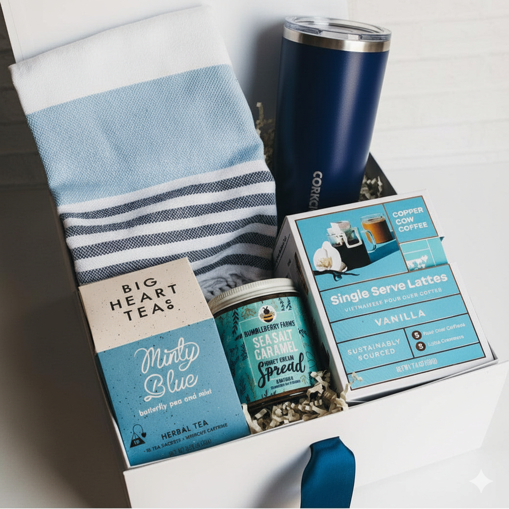 Gift set with tea, spread, and a tumbler on a white surface