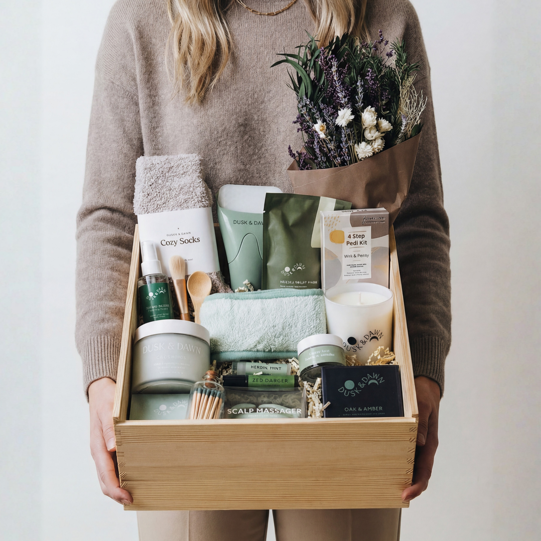 Luxury spa gift box with candle, cozy socks, lavender bouquet, skincare items, and towel