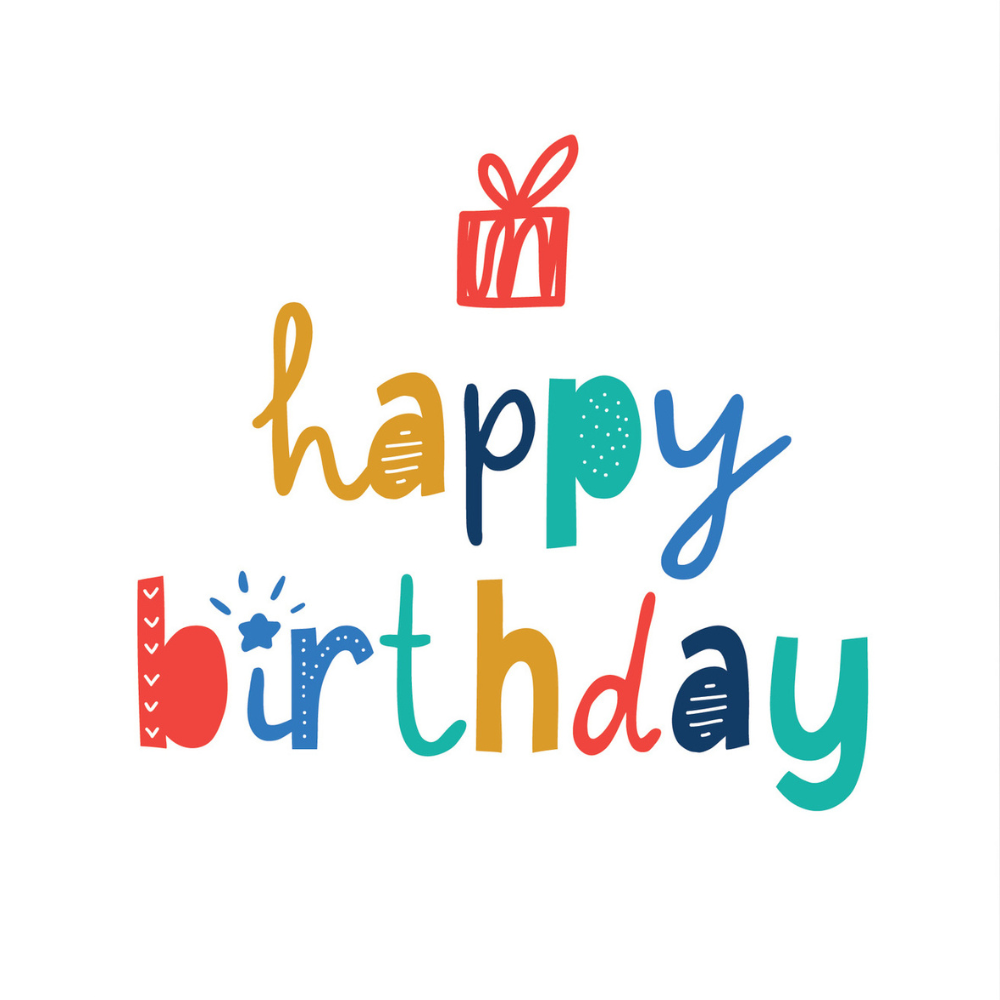 Colorful happy birthday lettering with a red gift icon on white background