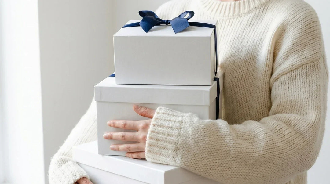 Person holding stack of premium white gift boxes, one with a navy ribbon