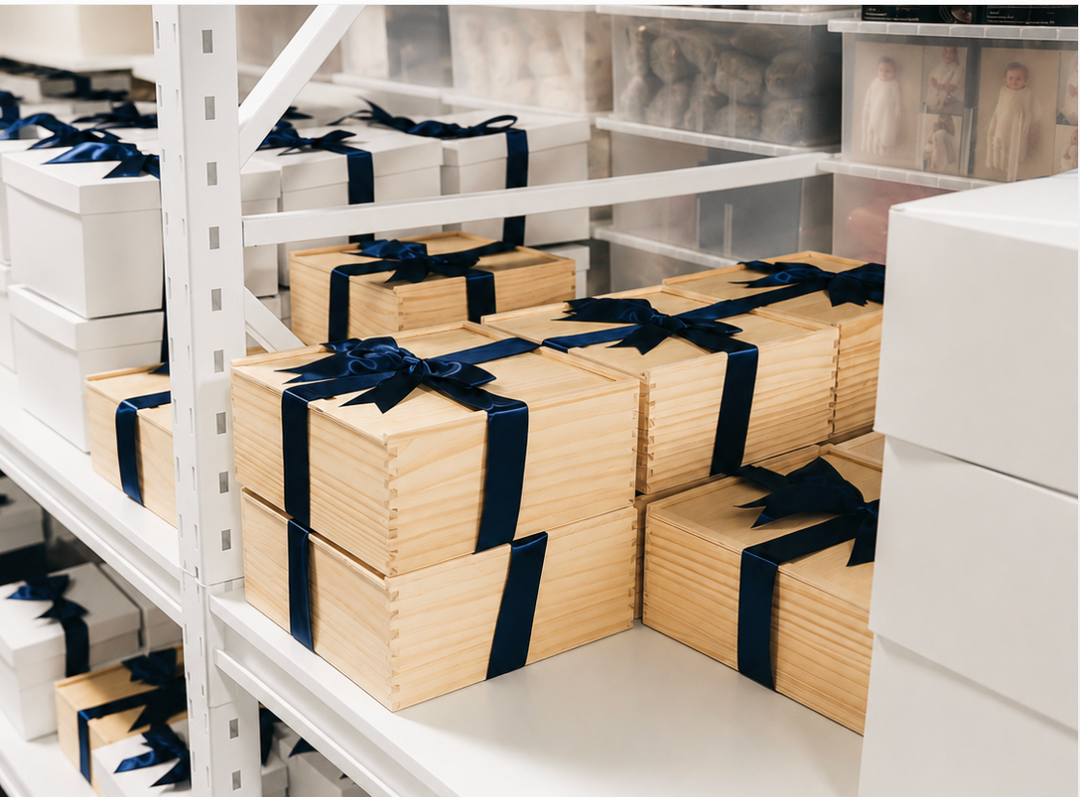 Group of Giften Market wooden gift crates packed for a bulk holiday order
