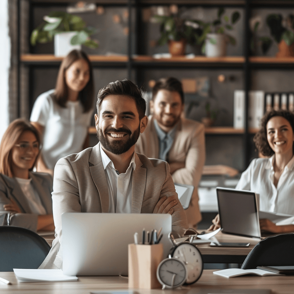Team of business professionals smiling with laptops and office supplies in modern workspace