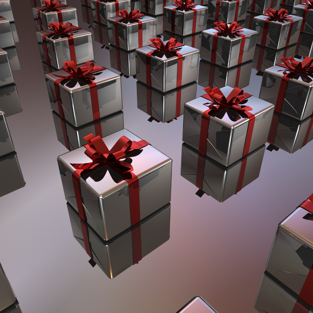 Premium silver gift boxes with red ribbons arranged in neat rows