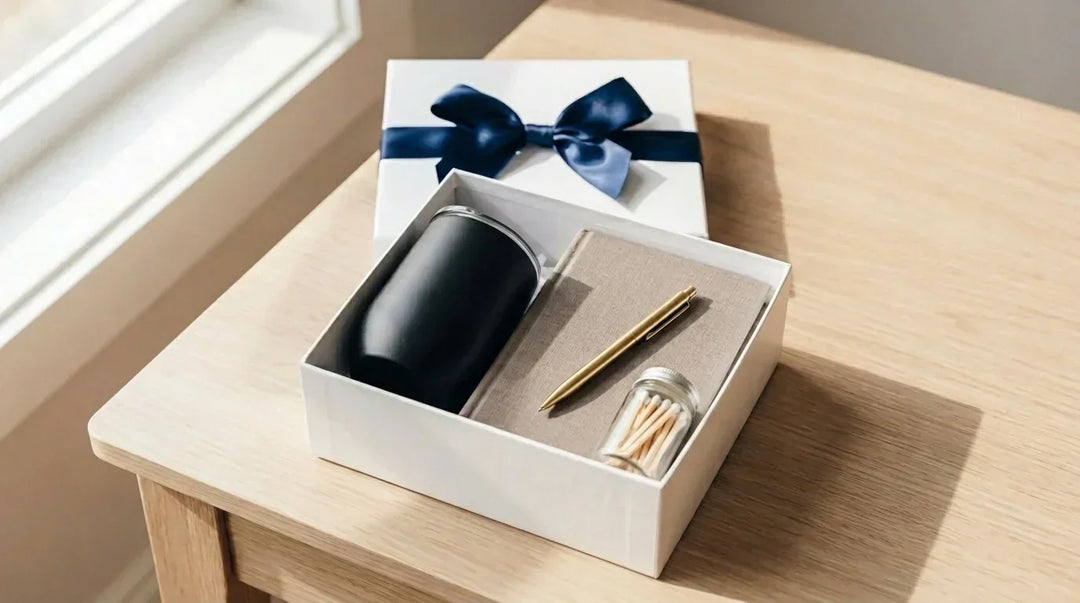 Premium gift box with black tumbler, notebook, gold pen, and matches in a white box with navy ribbon