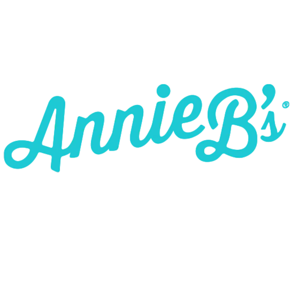 Blue Annie B’s logo in modern script on white background, specialty snacks branding