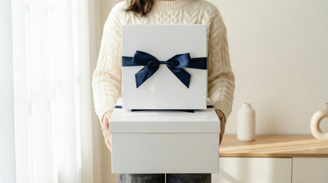Woman holding stacked white gift boxes, top box tied with navy ribbon