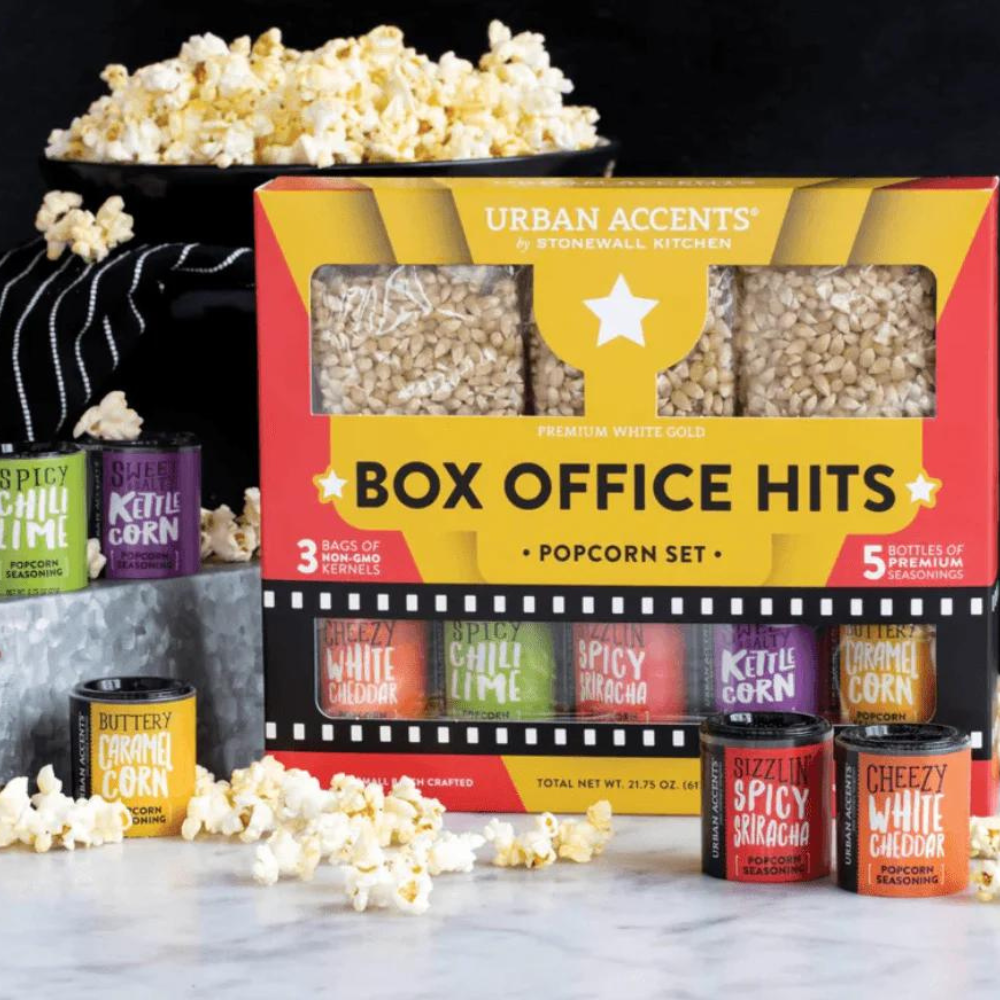 Premium popcorn gift box set with three bags of popcorn kernels and five seasoning tins