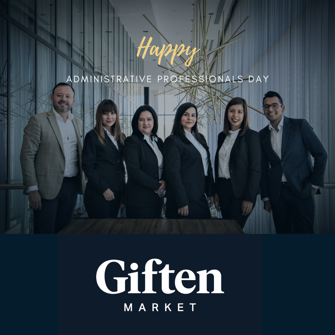 Office team in formal attire celebrating Administrative Professionals Day, Giften Market logo below