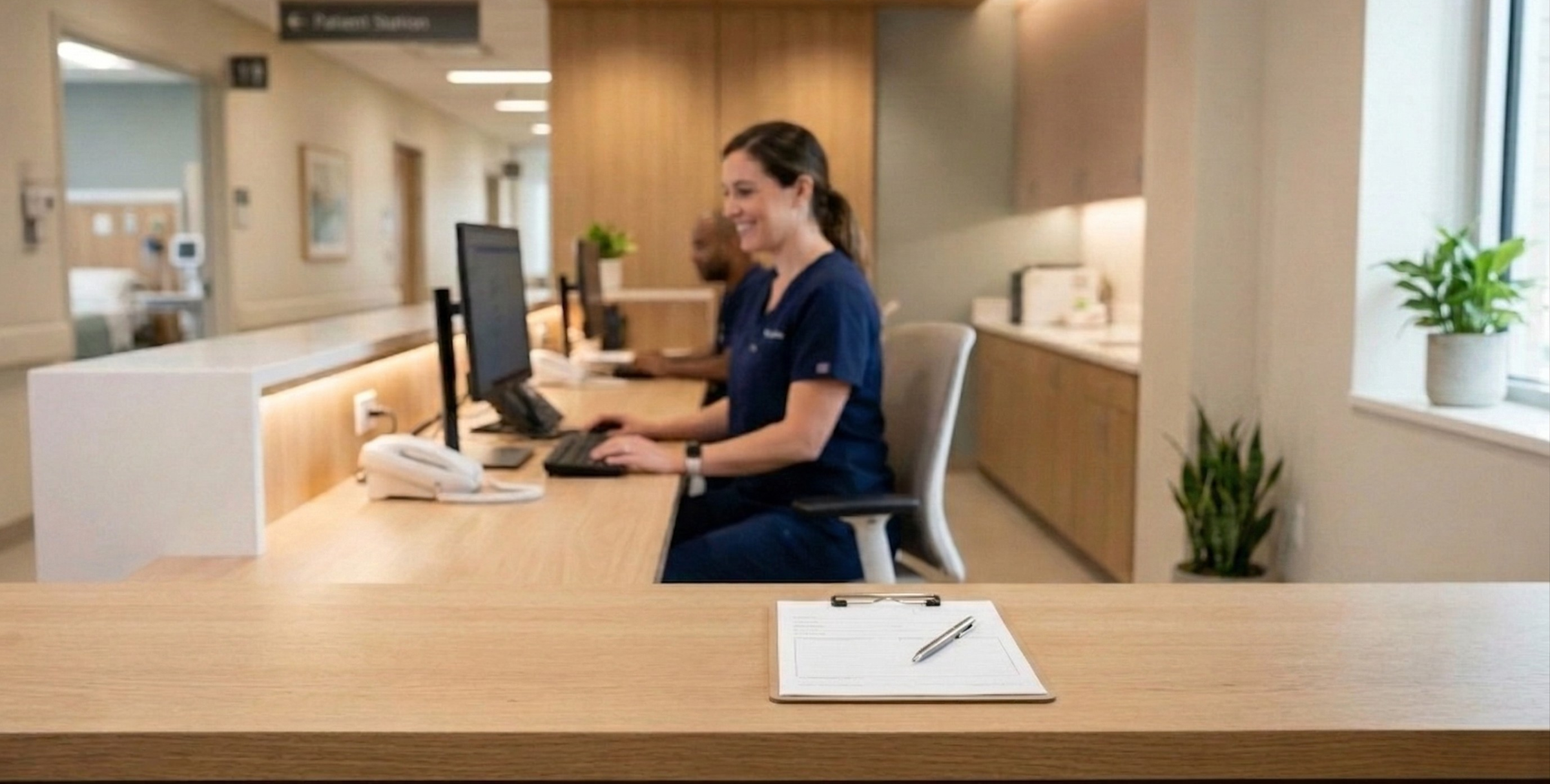 Hospital reception desk with nurses working at computers, clipboard, and indoor plants