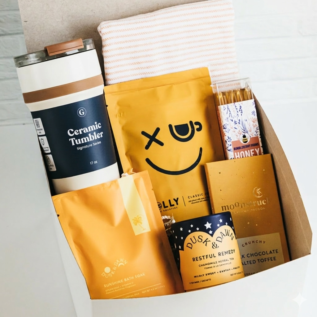 Gift box with ceramic tumbler, honey sticks, chocolate bar, tea, bath soak and towel