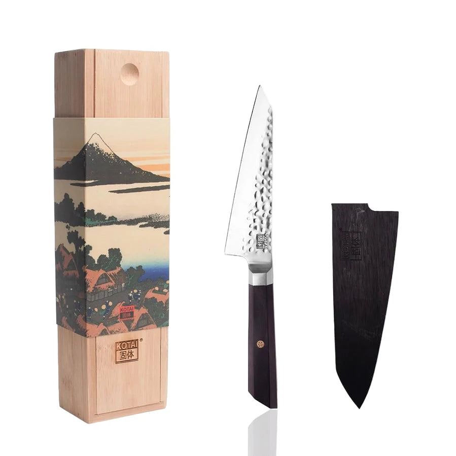 Japanese-style kitchen knife with hammered blade, wooden sheath, and decorative bamboo box