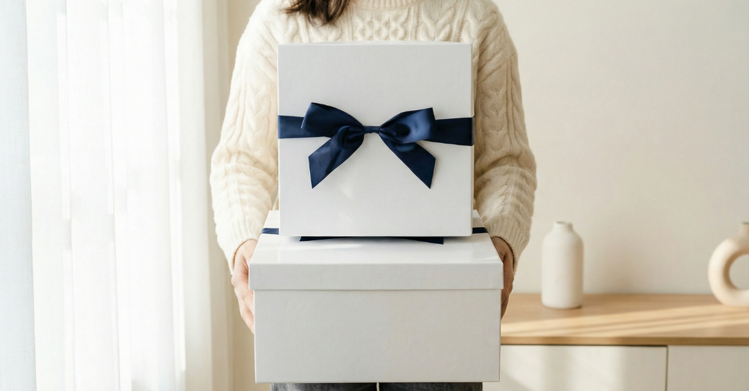 Premium gift boxes with cozy socks, candles, snacks, vitamin C, and wellness items.