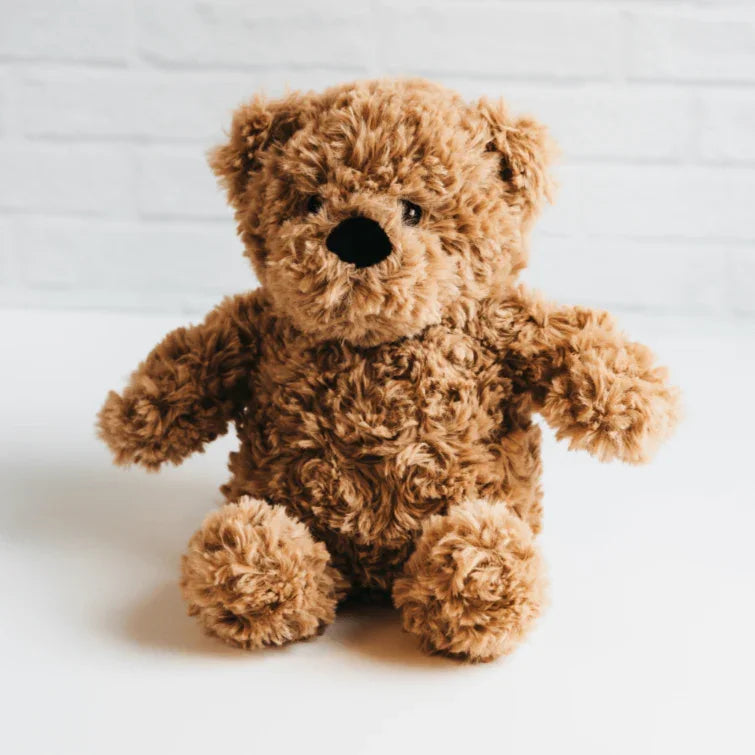 Plush brown teddy bear toy for baby gift, displayed on white background
