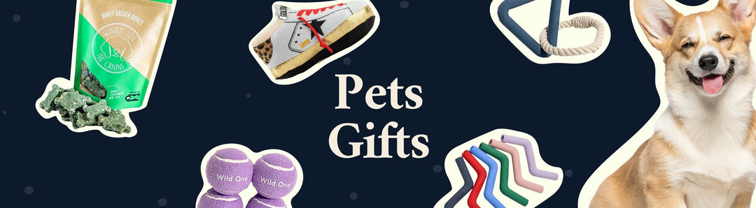 Dog gift selection with treats, plush sneaker toy, rope toy, tennis balls, and dog chew sticks