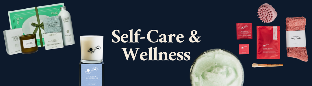 Self-care gift set with candle, bath soak, cozy socks, body wash, and skincare items
