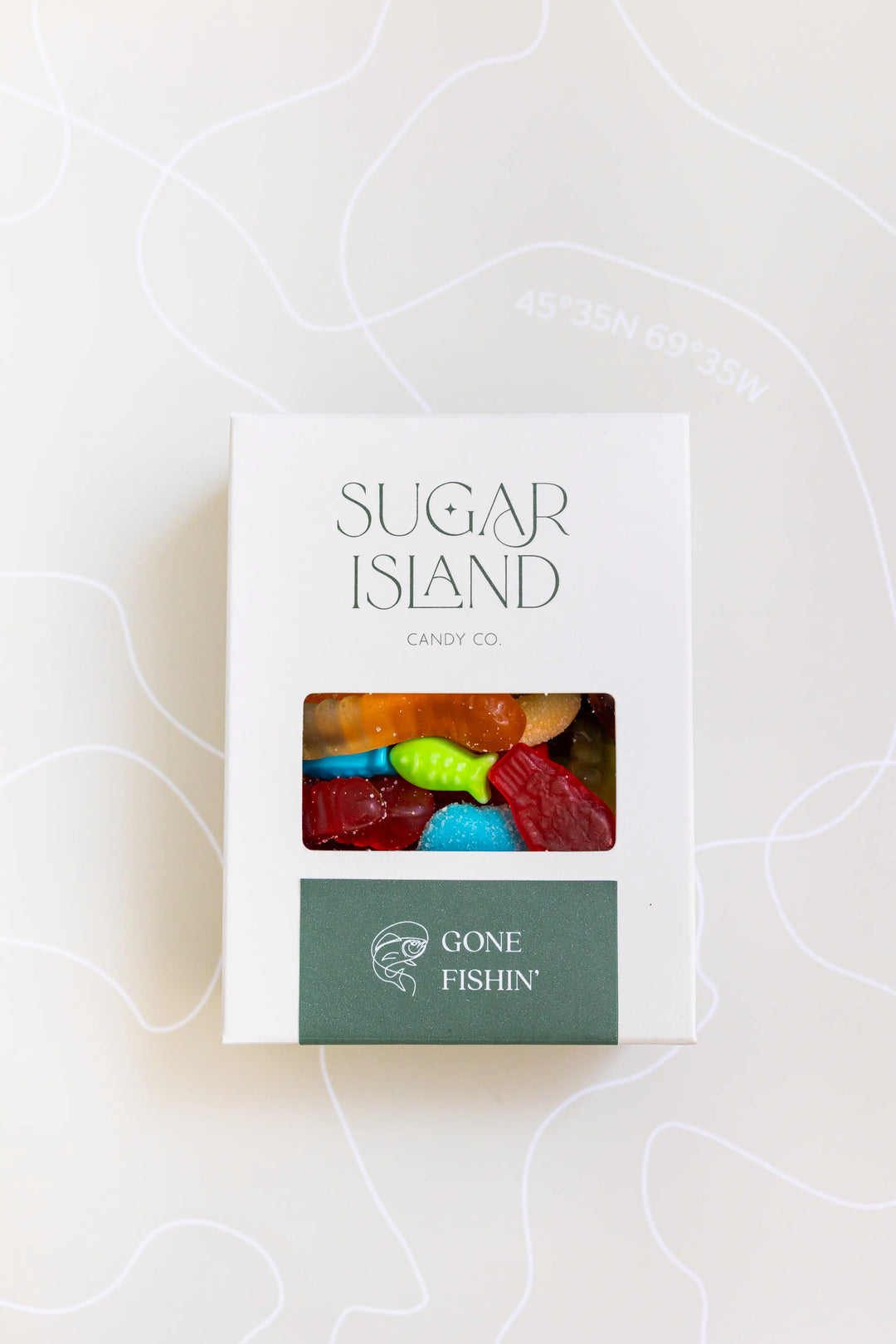 Gone Fishin Candy Mix in a white Sugar Island box with a green label and a window showing gummy worms and fish