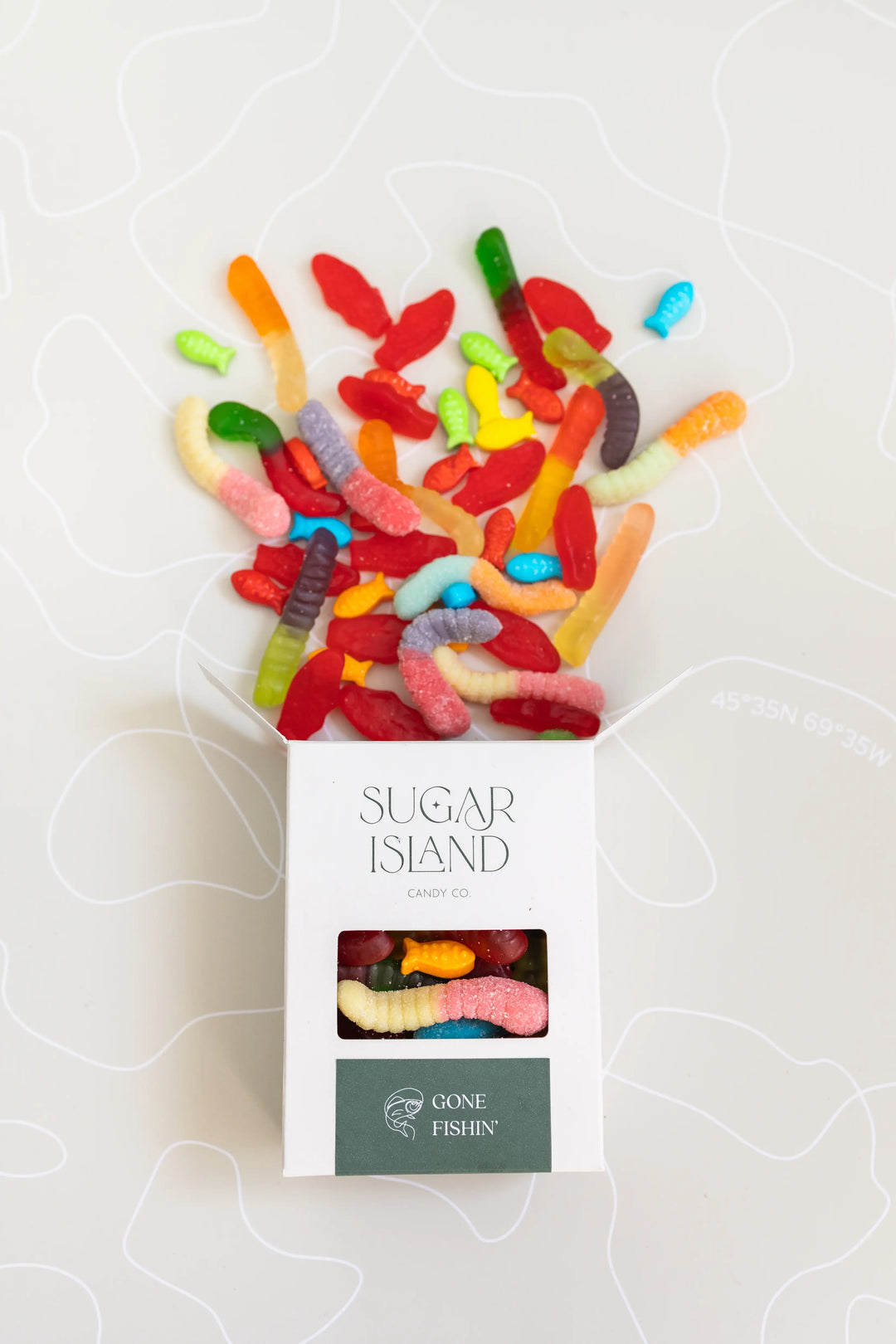Open Gone Fishin box with gummy worms and candy fish spilling out the top