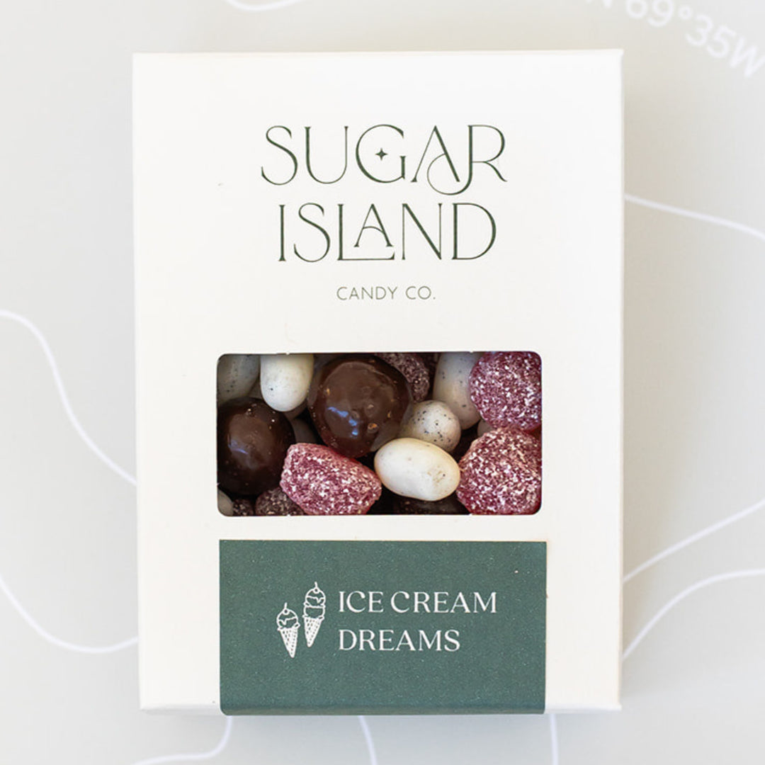 Ice Cream Dreams Candy Mix in a white Sugar Island box with a green label and a window showing the candy