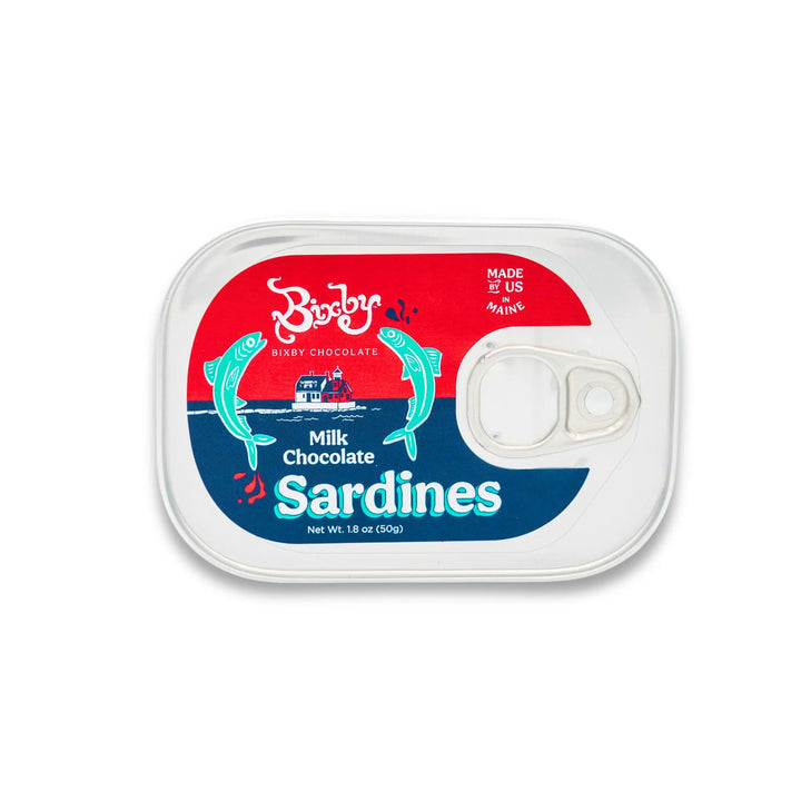 Bixby Milk Chocolate Sardines tin shown from above with its red, white and blue label
