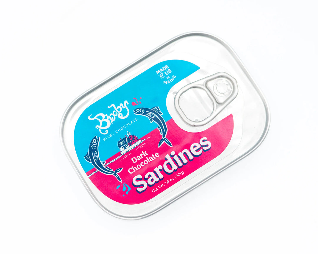 Bixby Dark Chocolate Sardines tin shown at an angle on a white background