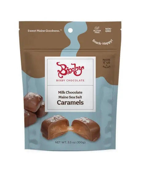 Bixby Milk Chocolate Maine Sea Salt Caramels in a brown and blue stand-up bag
