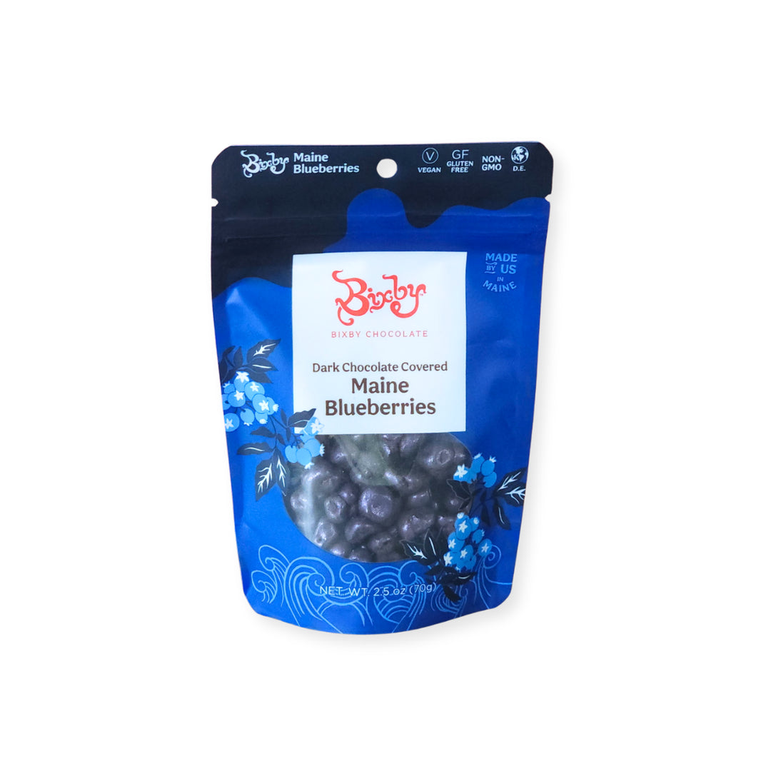 Bixby Dark Chocolate Covered Maine Blueberries in a blue floral stand-up bag