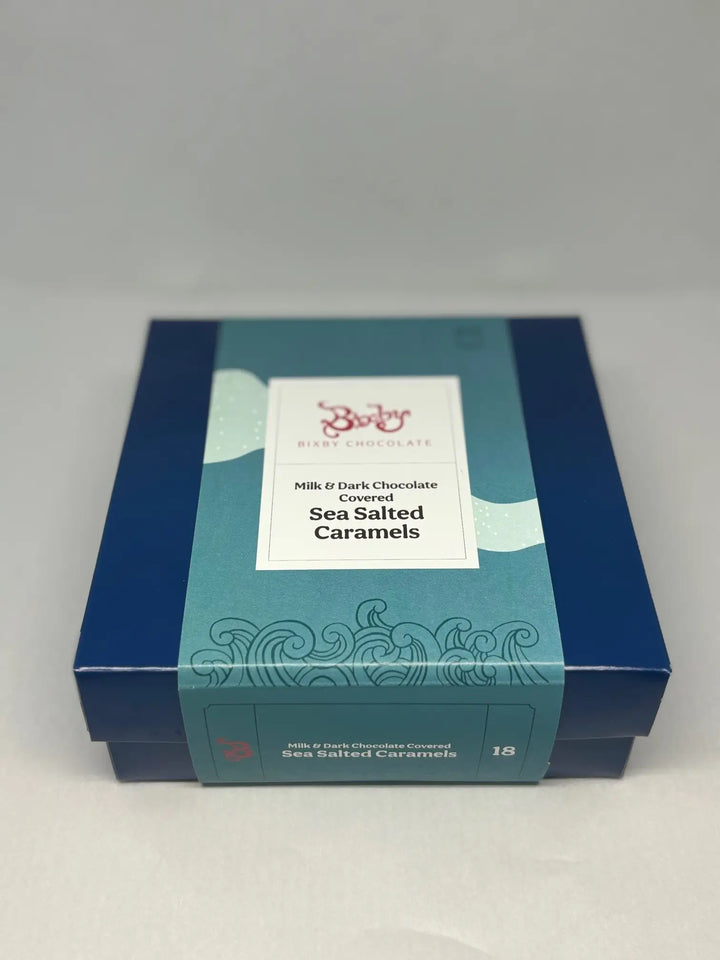 Front of the blue Bixby Milk and Dark Chocolate Sea Salted Caramels gift box