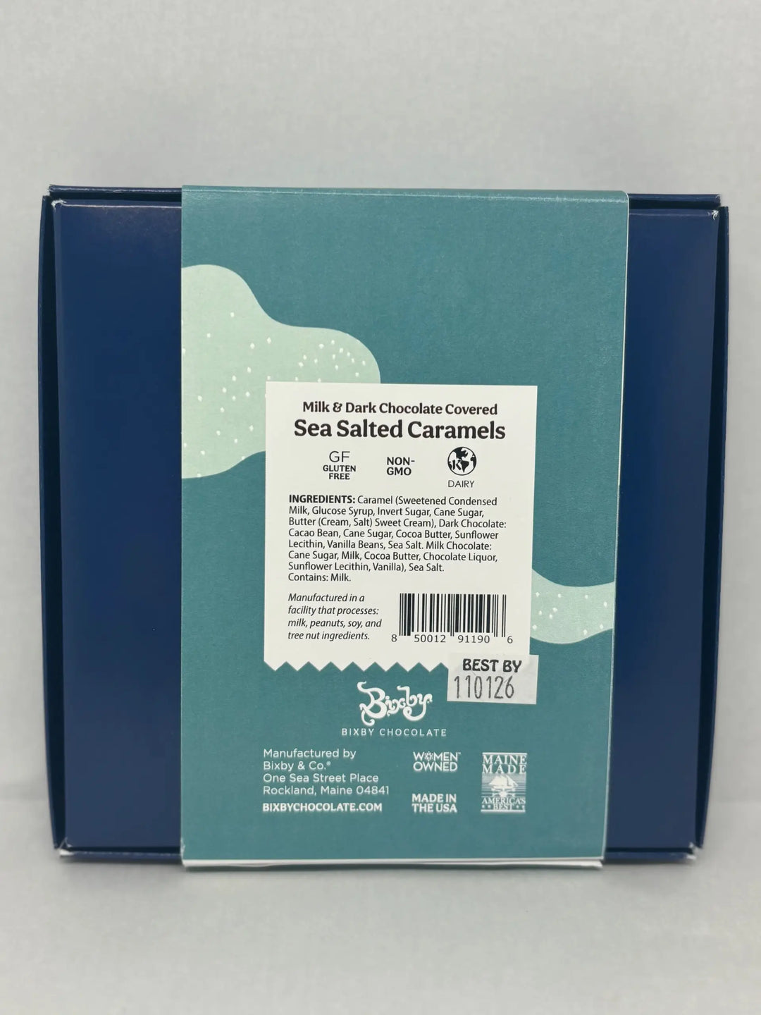 Back of the Bixby caramels gift box showing the label panel