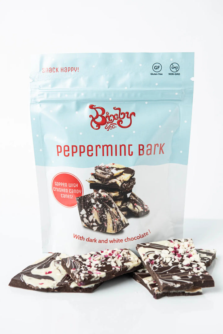 Bixby Peppermint Bark stand-up bag with pieces of bark in front of it