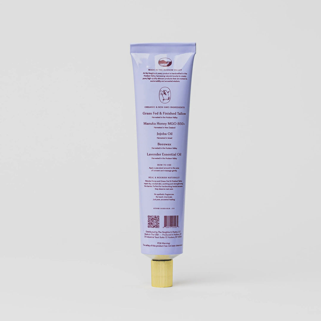 Back of the lavender hand balm tube showing the ingredient panel