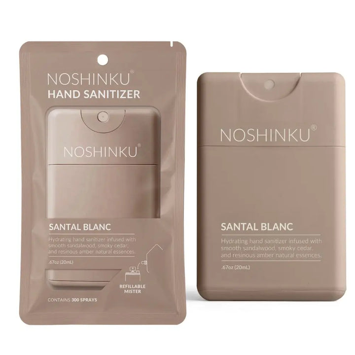 Noshinku Santal Blanc pocket sanitizer in its retail pouch beside the mister