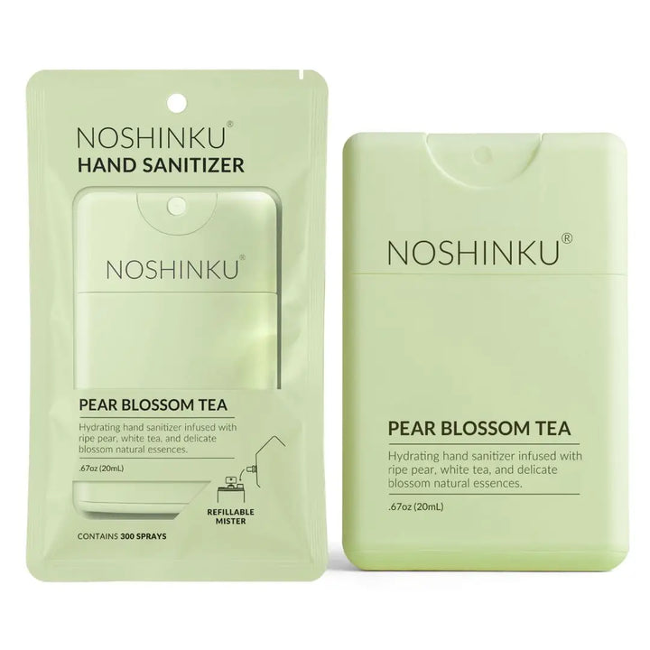Noshinku Pear Blossom Tea pocket sanitizer in its retail pouch beside the mister
