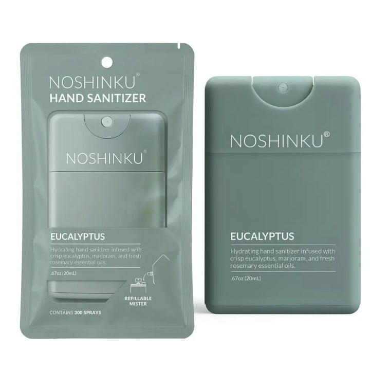Noshinku Eucalyptus pocket sanitizer in its retail pouch beside the mister