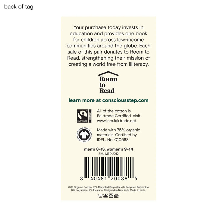 Back of the Conscious Step tag explaining the Room to Read partnership