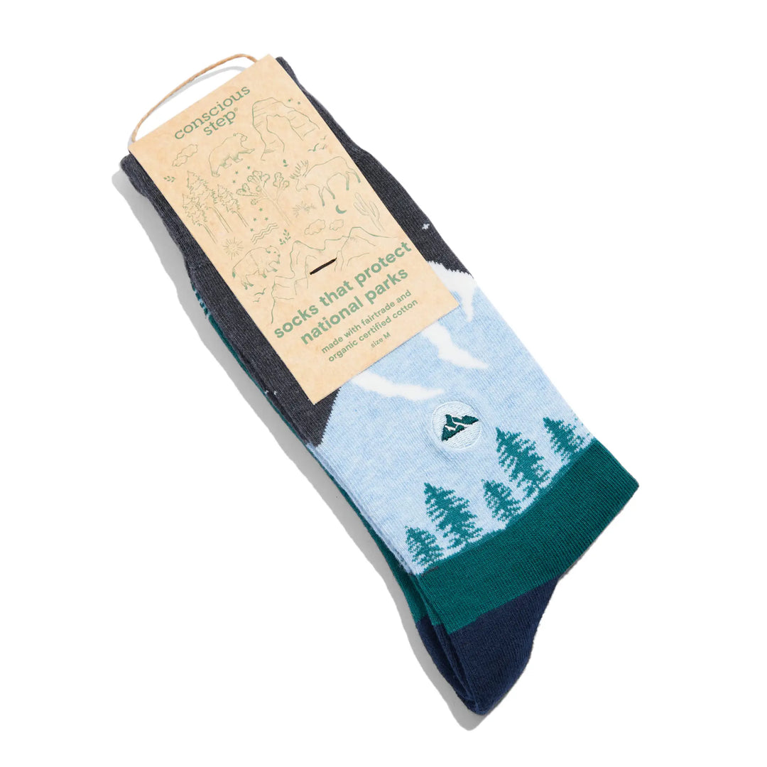 Mountain socks with their Socks That Protect National Parks tag attached