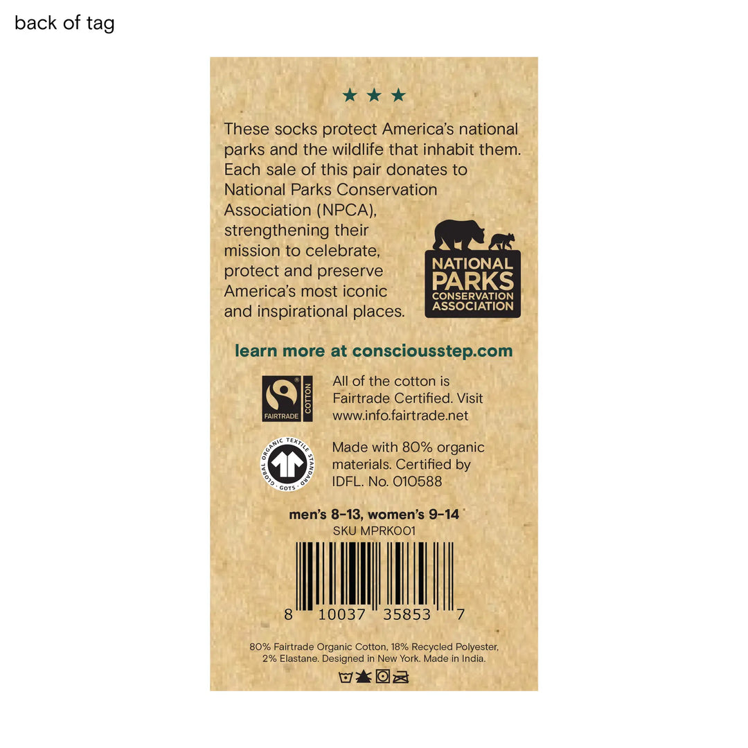 Back of the Conscious Step tag explaining the National Parks Conservation Association partnership