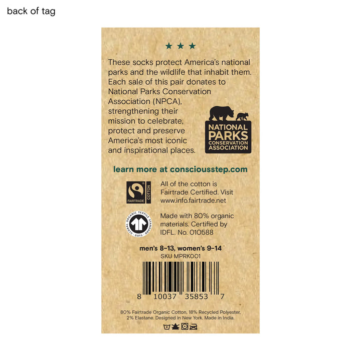 Back of the Conscious Step tag explaining the National Parks Conservation Association partnership