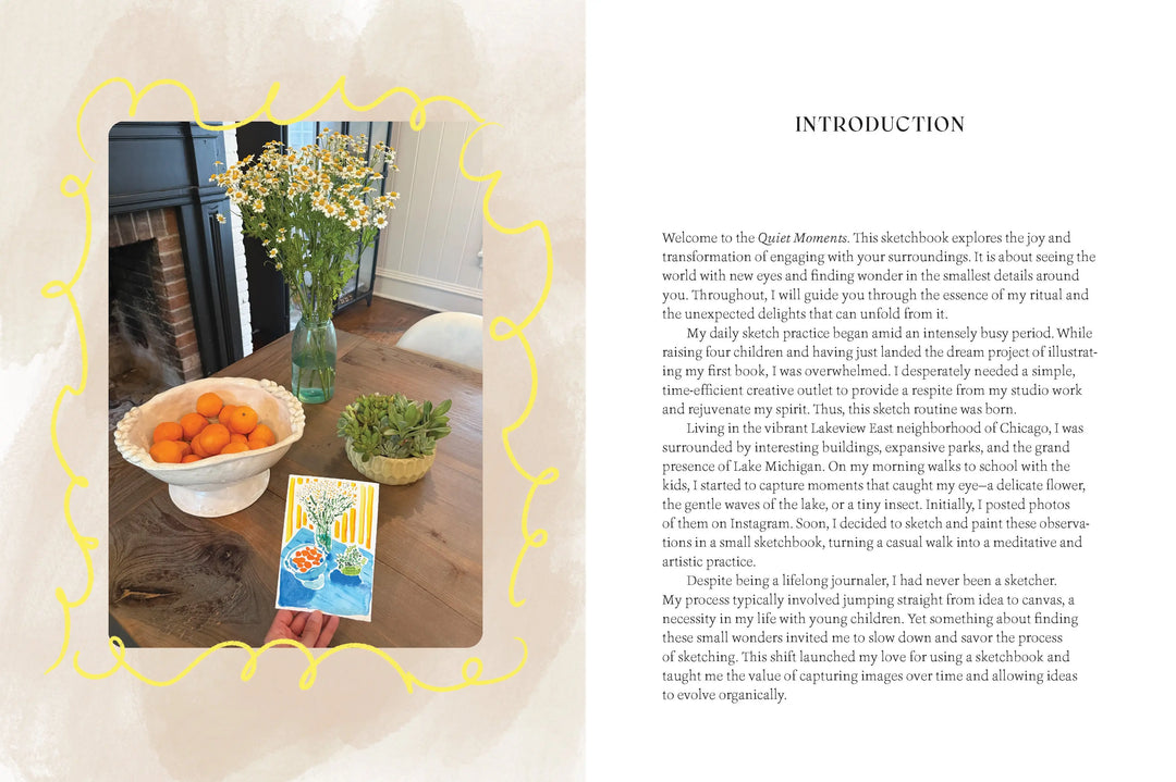 Introduction spread with a photo of a table of flowers and fruit framed in yellow