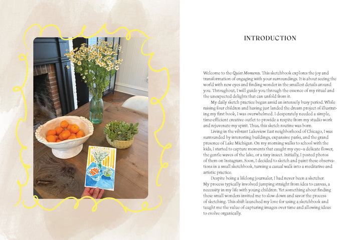 Introduction spread with a photo of a table of flowers and fruit framed in yellow