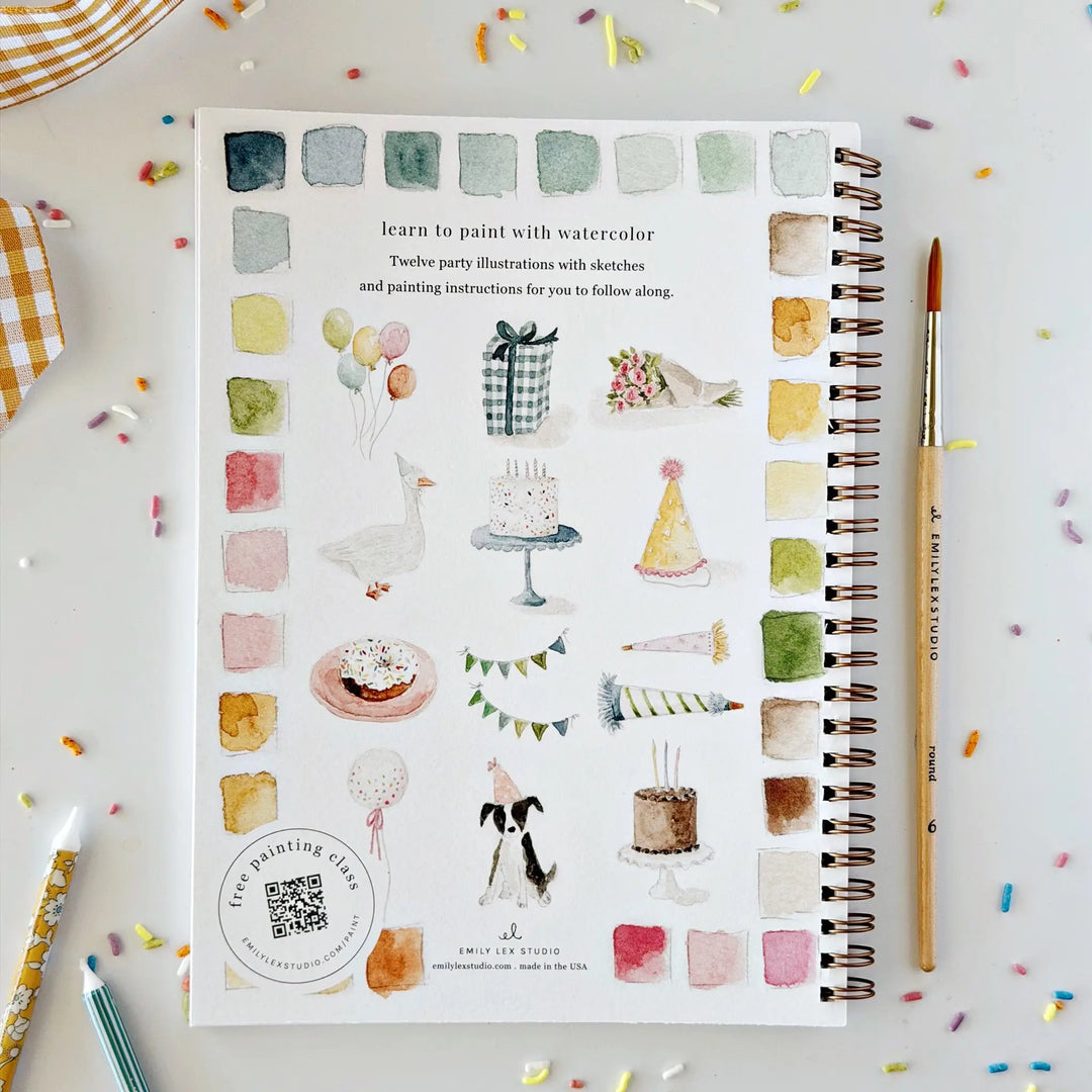 Back cover of the Celebrate Watercolor Workbook showing the twelve party illustrations, including balloons, a wrapped gift, a party hat and a pup in a party hat