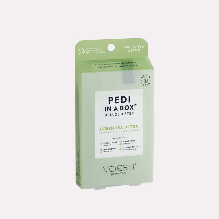VOESH Pedi in a Box Green Tea Detox Deluxe 4 step kit box on a light background