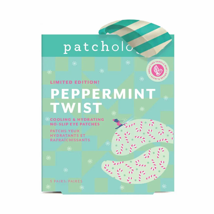 Peppermint Twist eye patches box with red and white candy-cane design