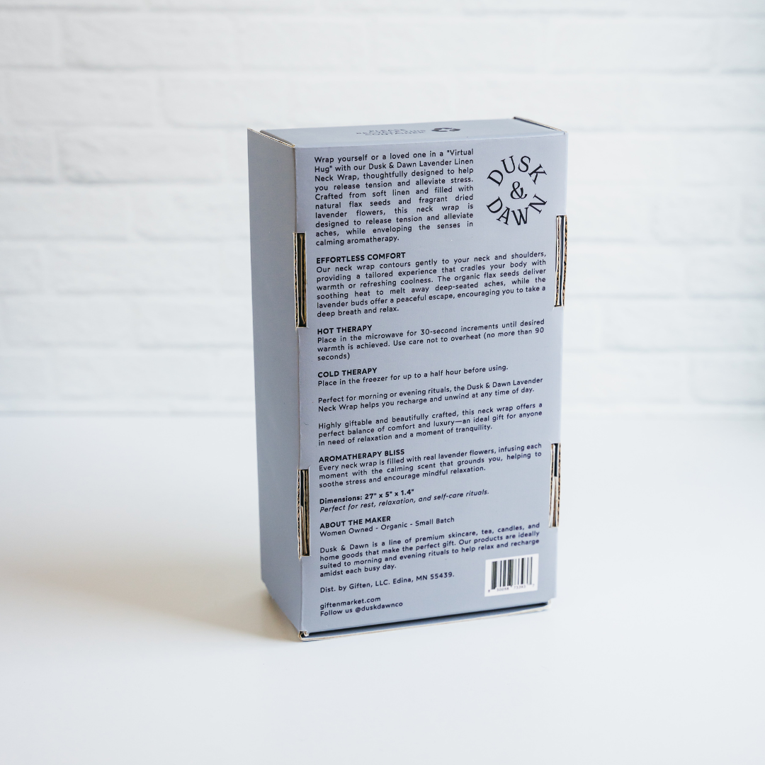 Back of the Cozy Fleece Neck Wrap box with warming and cooling instructions