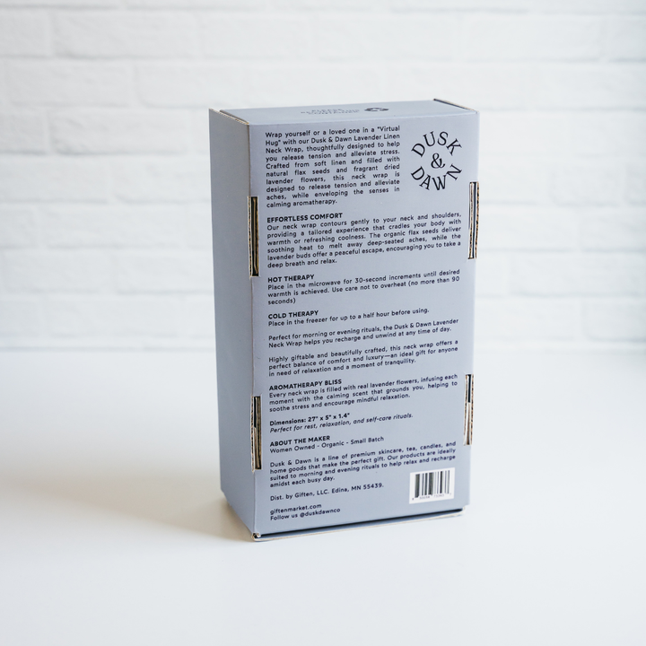 Back of the Cozy Fleece Neck Wrap box with warming and cooling instructions