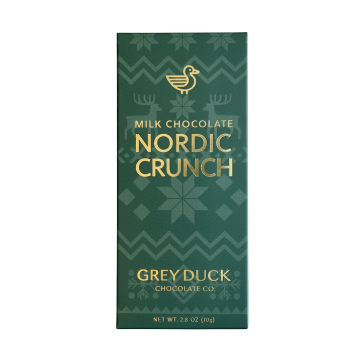 Nordic Crunch Milk Chocolate Bar with puffed rice, maple sugar, and smoked sea salt by Grey Duck Chocolate Co.