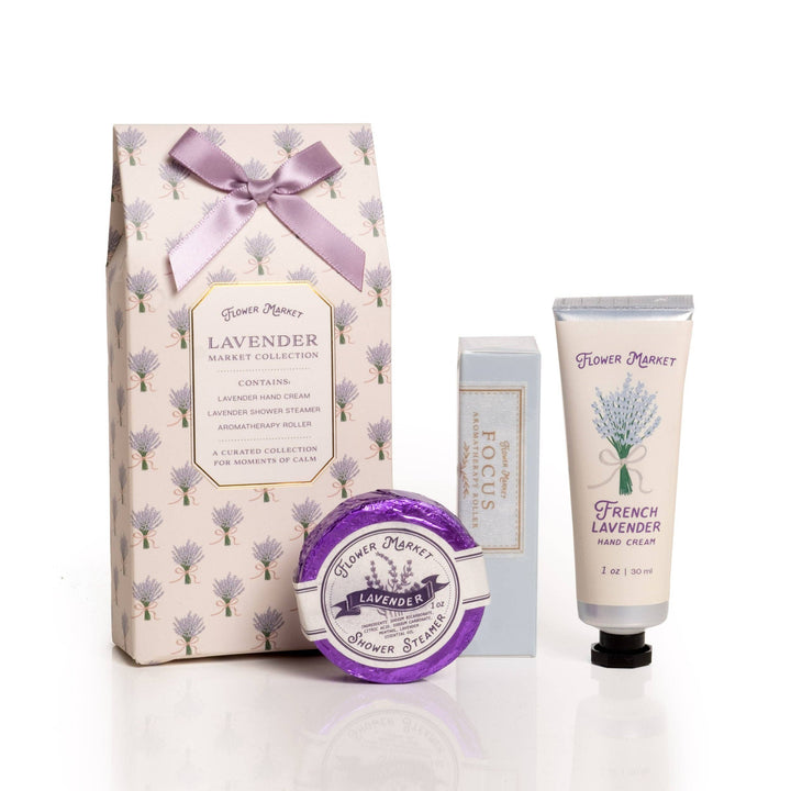 123 Farm Lavender Spa Gift Set: hand cream, shower steamer, and roller in a floral box with satin bow