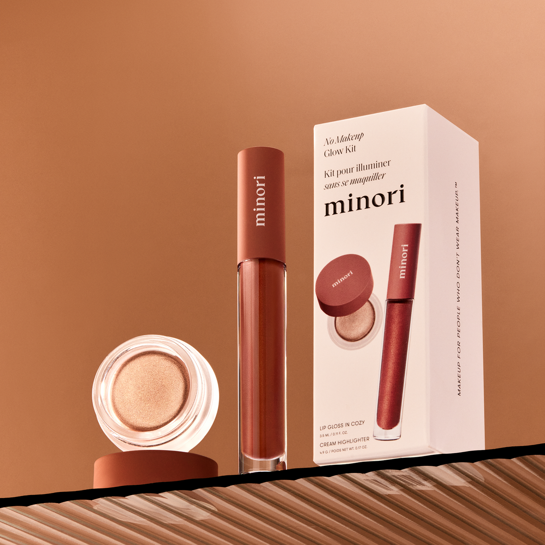 Minori No Makeup Glow Kit: lip gloss and cream highlighter in a holiday gift box